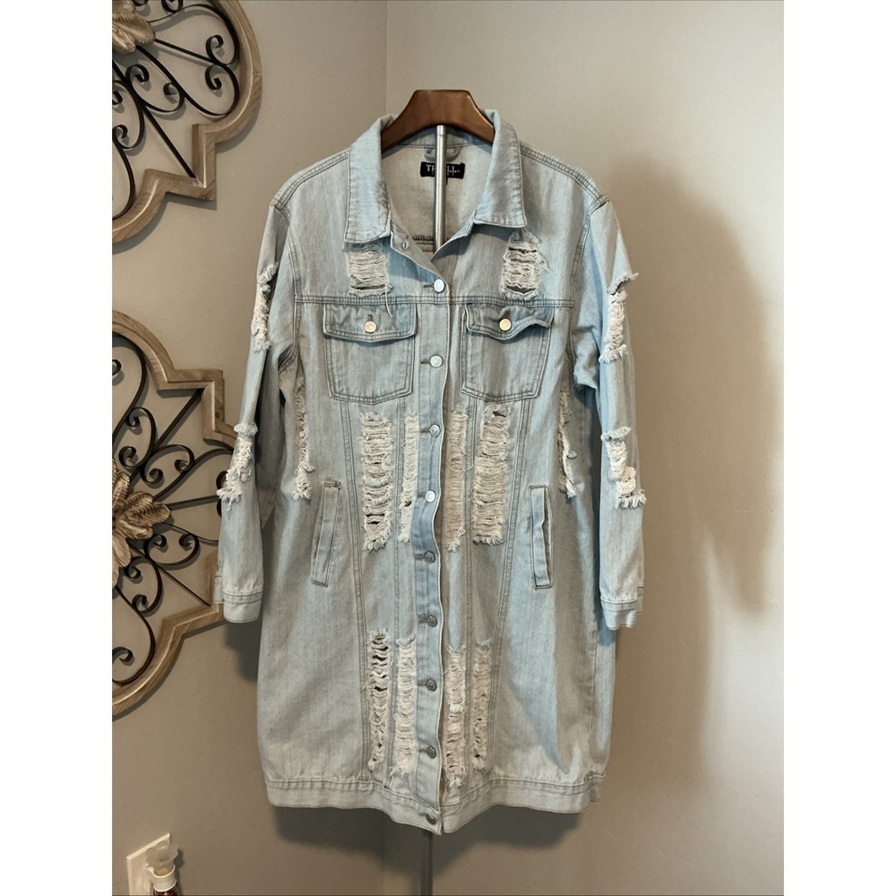 Thrill Jeans Long Denim Acid Washed Jacket Distressed Destroyed Frayed Button 2X - Picture 10 of 13